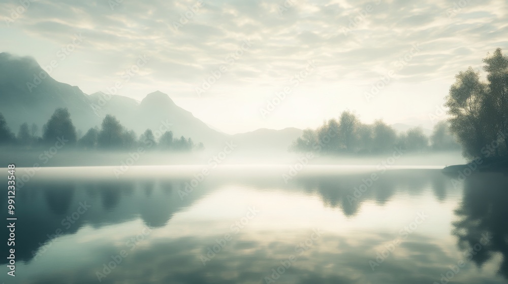Fototapeta premium A light mist hovering over a still, reflective lake at dawn