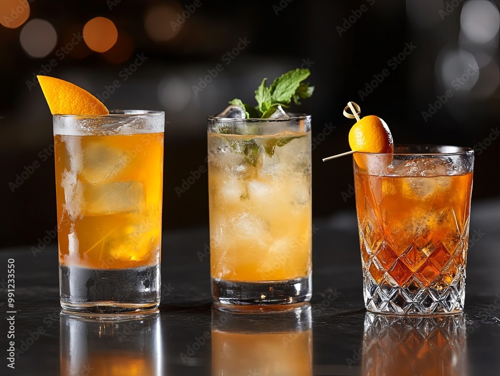 A trio of vibrant cocktails garnished with fruit and herbs, showcased on a dark surface, reflecting a stylish bar atmosphere. A trio of vibrant cocktails garnished with fruit and herbs, showcased on a dark surface, reflecting a stylish bar atmosphere.