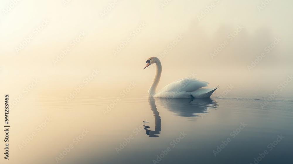 A lone, elegant swan gliding across a serene lake at dawn. A lone, elegant swan gliding across a serene lake at dawn.