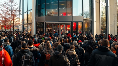 Excited Crowd Waiting Outside Mall for Black Friday Sales Event to Begin
