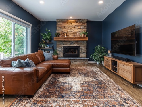 A family room with dark blue walls, a brown leather sofa, a natural stone fireplace, and a TV stand with personal accessories