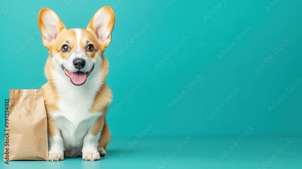 Happy Corgi Dog Sitting Next to a Brown Paper Bag on a Teal Background Happy Corgi Dog Sitting Next to a Brown Paper Bag on a Teal Background