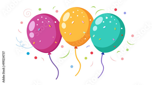 Three colorful balloons (pink, yellow, and teal) float amidst confetti, evoking a festive atmosphere perfect for celebrations and parties. Editable strokes.