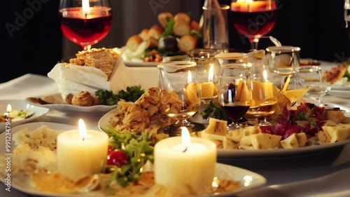 Panning video across a Passover Seder table with symbolic foods, illuminated by candlelight. photo