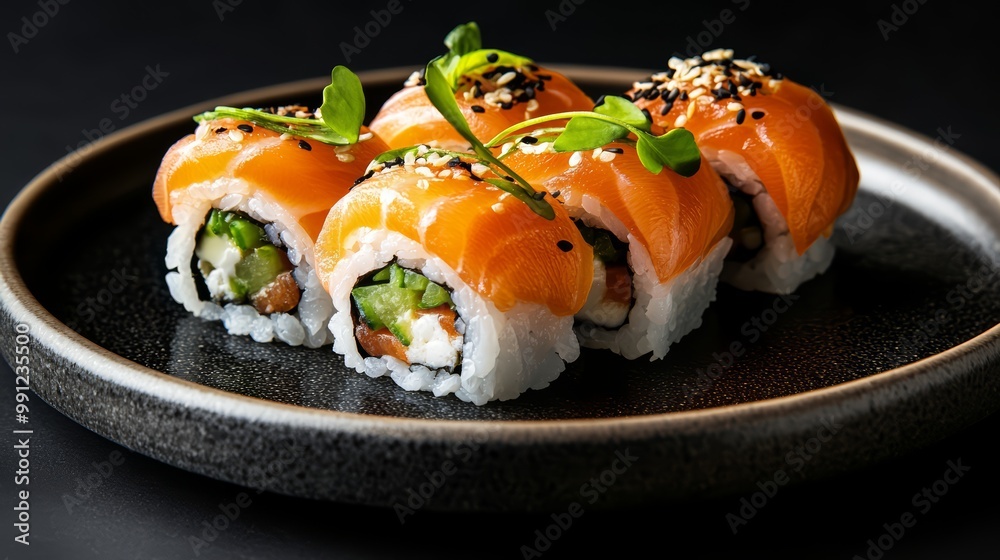 Fresh Salmon Sushi Rolls Garnished with Microgreens Fresh Salmon Sushi Rolls Garnished with Microgreens