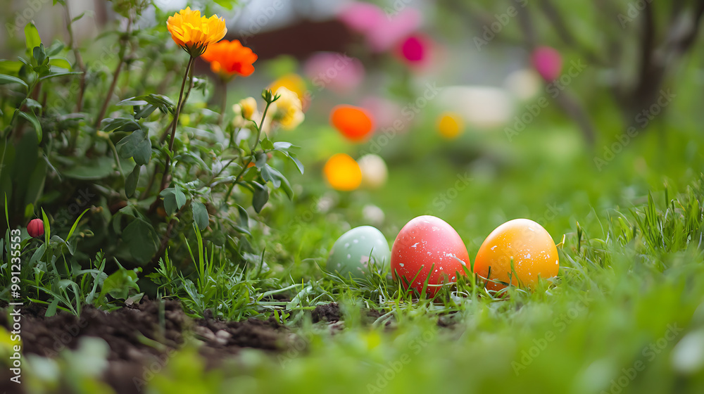Colourful Easter eggs hidden in a garden with blooming flowers and green grass