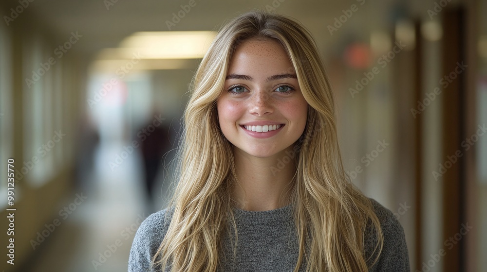 Fototapeta premium cheerful young woman with long blonde hair standing confidently in a bright university hallway smiling at the camera as she enjoys student life in a modern academic setting
