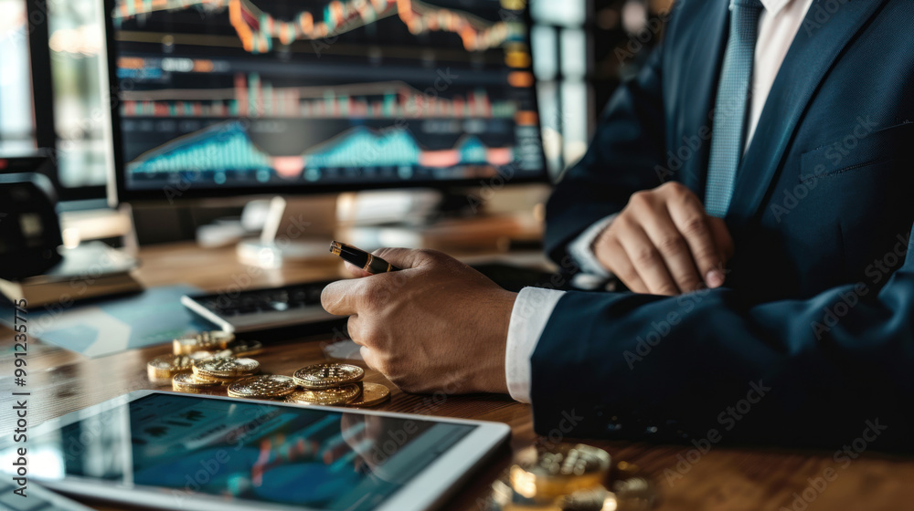 A financial advisor discussing the future of wealth and blockchain, focusing on cryptocurrency investments and tokenized assets. A financial advisor discussing the future of wealth and blockchain, focusing on cryptocurrency investments and tokenized assets.