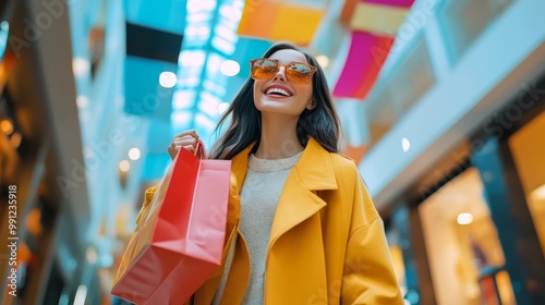 Happy Shopper Entering Colorful Mall with Sale Banners, Holding Bags of Purchases photo