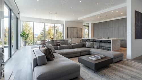 Modern living room with plush gray sectional, sleek furniture, minimalist decor, and large windows for natural light. A chic, welcoming ambiance.