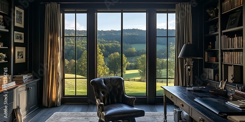 home office of black luxury farmhouse with views of the rolling hills