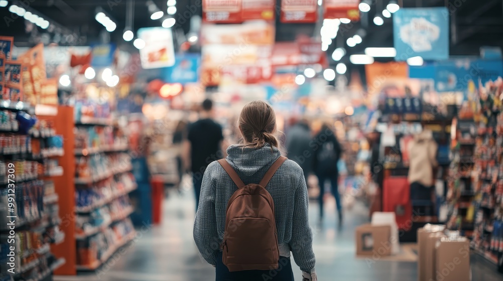 Energized Shopper Amidst Bustling Retail Environment with Discount Signage Hanging Above