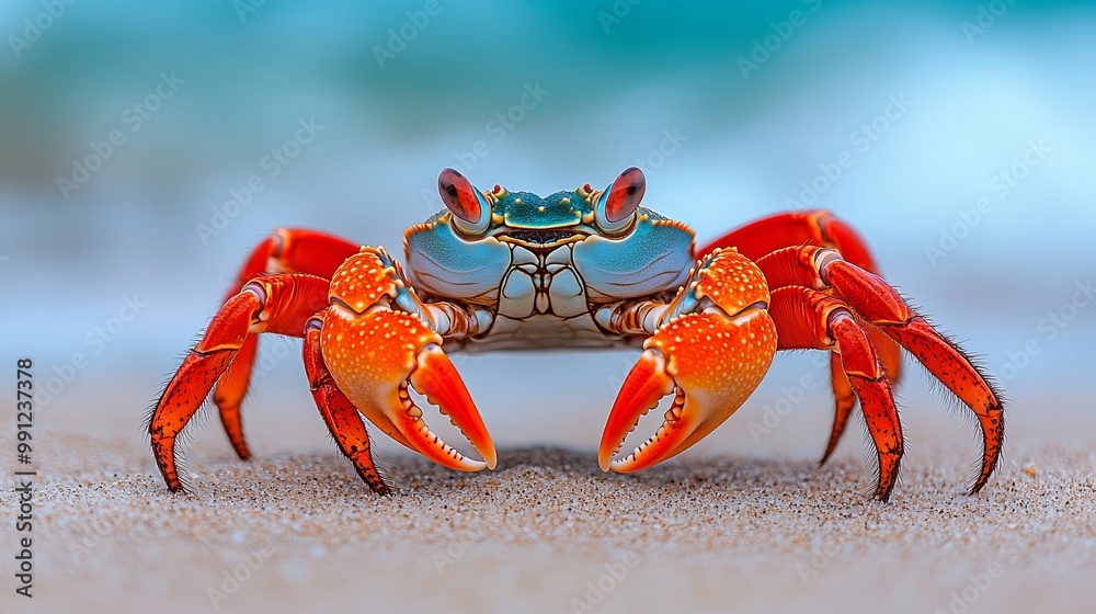 A vibrant orange and blue crab with delicate hairs on its legs, standing on a sandy beach against a blurred blue background. A vibrant orange and blue crab with delicate hairs on its legs, standing on a sandy beach against a blurred blue background.