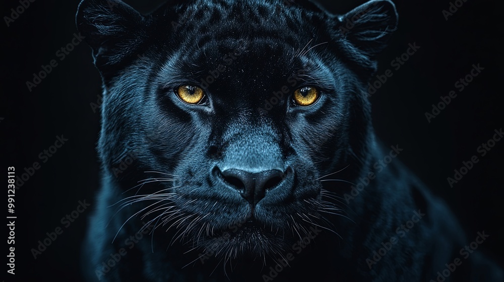 A close-up portrait of a black panther with piercing yellow eyes, captured in a dark, mysterious setting, showcasing the feline's intensity and wild beauty. A close-up portrait of a black panther with piercing yellow eyes, captured in a dark, mysterious setting, showcasing the feline's intensity and wild beauty.