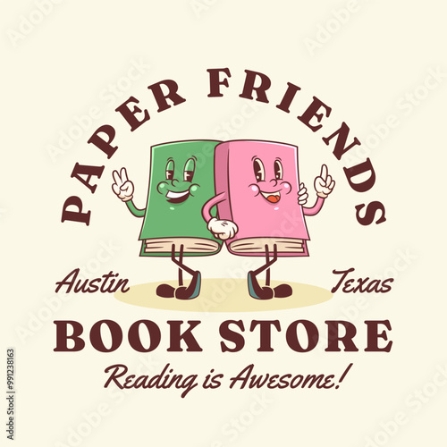 Vector Book Store School Learning Group of Characters Illustration Logo Template. Groovy Cartoon Library Friends Books Walking Education Personage Label. Isolated