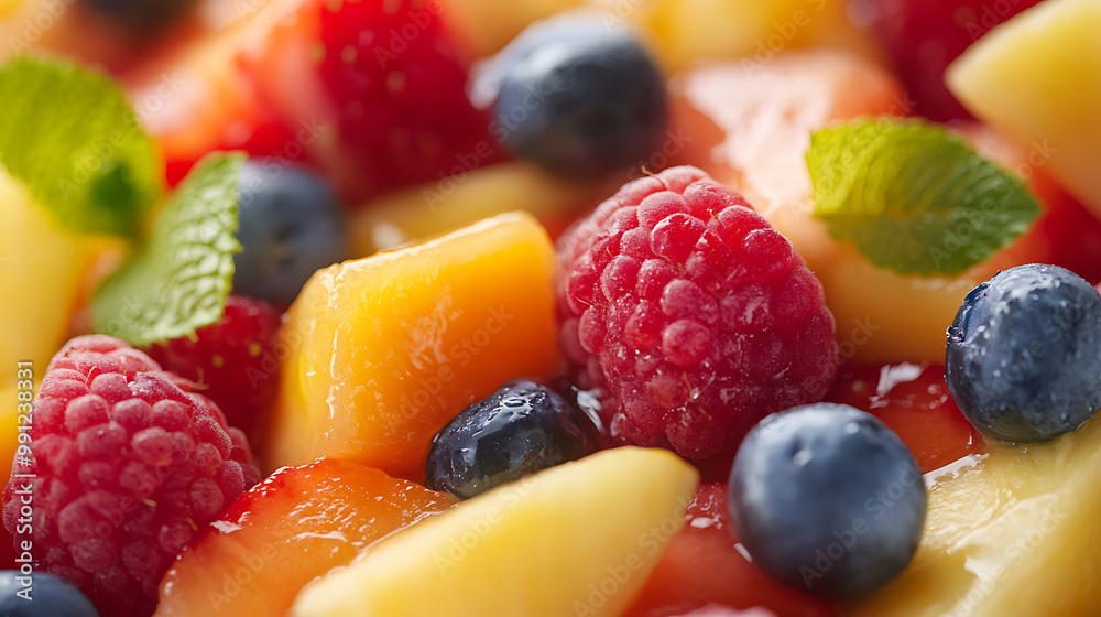 Close-up of a colourful fruit salad with a variety of fresh fruits, set against a bright, clean background Close-up of a colourful fruit salad with a variety of fresh fruits, set against a bright, clean background