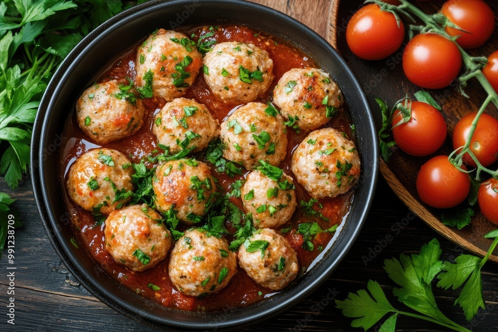 Meatballs in tomato sauce. This image can be used for recipe websites, food blogs, and cooking books. Meatballs in tomato sauce. This image can be used for recipe websites, food blogs, and cooking books.