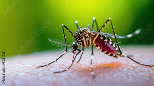 close up view of Aedes mosquito feeding on human skin, showcasing its detailed features and vibrant colors. This image highlights potential for disease transmission