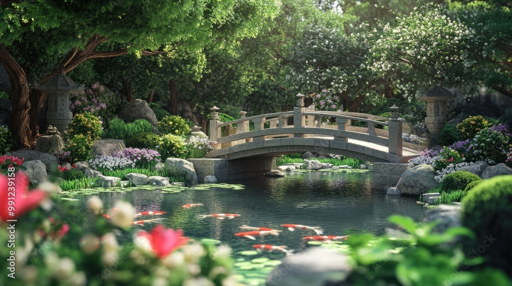 Fototapeta premium A Japanese stone footbridge crossing over a peaceful koi pond, surrounded by lush greenery and blooming flowers.