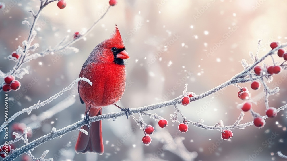 Red cardinal bird in focus, perched on a frosty branch with snow and red berries in the background. Red cardinal bird in focus, perched on a frosty branch with snow and red berries in the background.