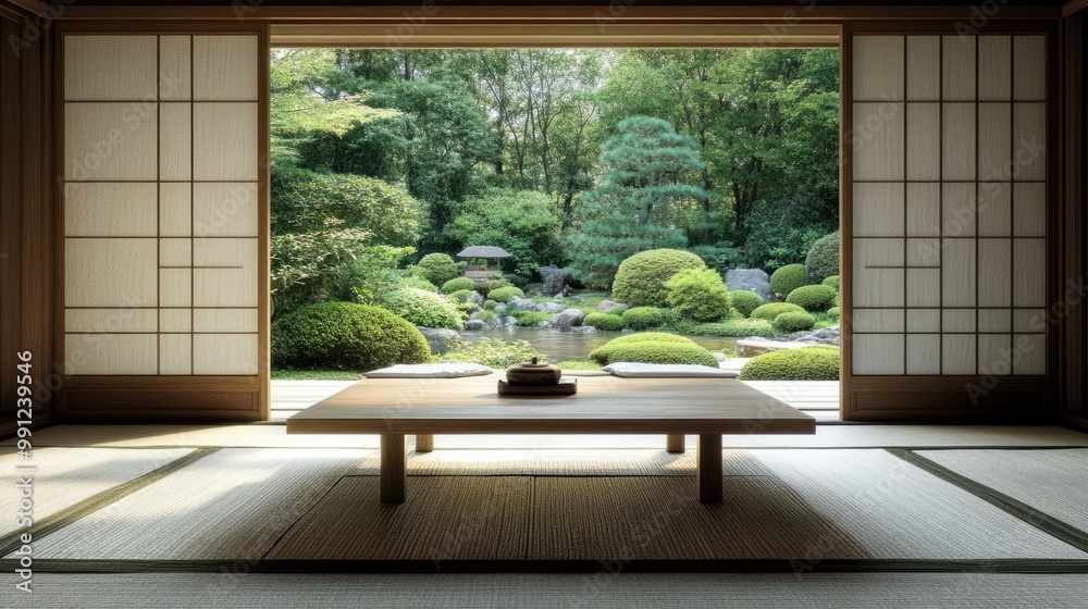 A minimalist interior with a tatami mat, low table, and sliding shoji doors opening to a tranquil garden view.