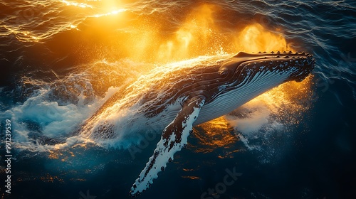 A humpback whale breaches the surface of the ocean at sunset, creating a spectacular display of power and grace.