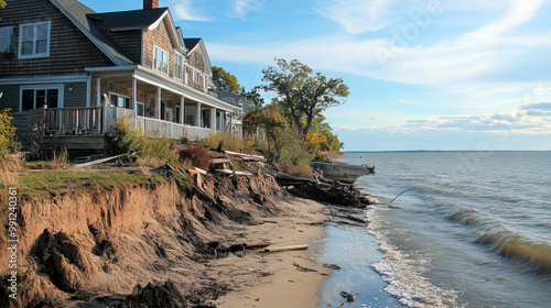 coastal erosion has dramatically altered shoreline, revealing impact on landscape and nearby structures. scene captures beauty and vulnerability of nature