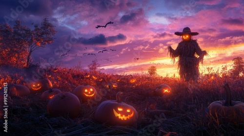 Scarecrow guarding a pumpkin field at dusk, with glowing pumpkins and a darkening sky filled with purple and orange tones