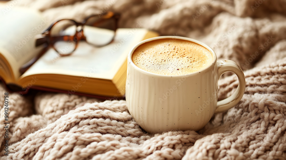 Coffee cup on a cozy knit blanket, with a book and glasses nearby, evoking a relaxed atmosphere Coffee cup on a cozy knit blanket, with a book and glasses nearby, evoking a relaxed atmosphere