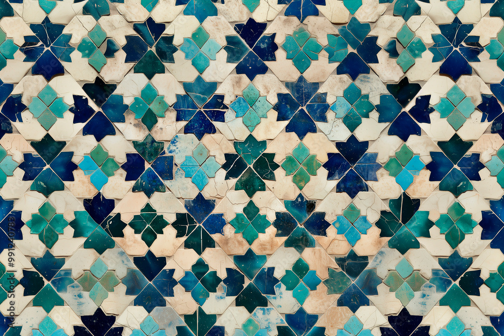 Moroccan Zellige tilework, featuring complex star-shaped and interlaced geometric designs in shades of blue, green, and white, arranged in a mesmerizing, repeating mosaic pattern
Moroccan Zellige tilework, featuring complex star-shaped and interlaced geometric designs in shades of blue, green, and white, arranged in a mesmerizing, repeating mosaic pattern