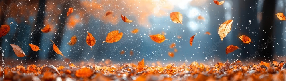 A closeup of ripe crops with a patch of orange leaves falling gently to the ground A closeup of ripe crops with a patch of orange leaves falling gently to the ground