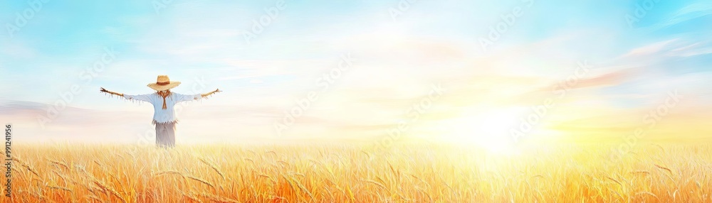 Fototapeta premium A field covered in orange and golden crops, with a scarecrow standing watch as the sun sets