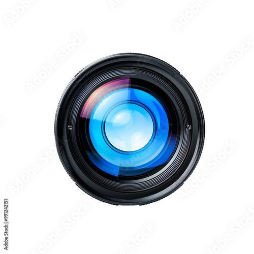 Modern camera lens showing blue reflection on white background