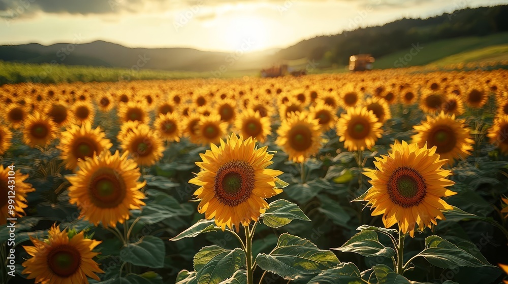 Fototapeta premium A field of sunflowers with orange petals swaying in the breeze, with crops being harvested in the distance
