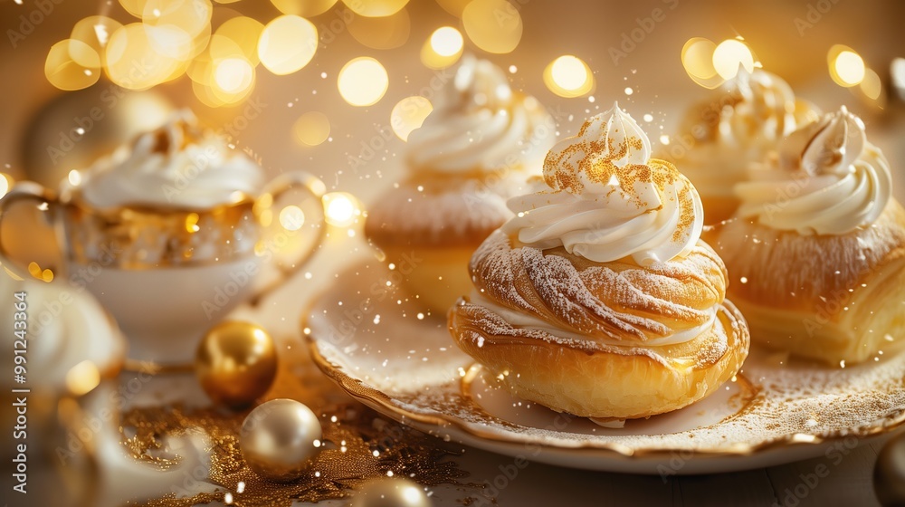 Luxurious golden and white pastries with whipped cream and powdered sugar, set against a sparkling festive background. Perfect for holiday dessert menus, party invitations, or festive-themed ads Luxurious golden and white pastries with whipped cream and powdered sugar, set against a sparkling festive background. Perfect for holiday dessert menus, party invitations, or festive-themed ads