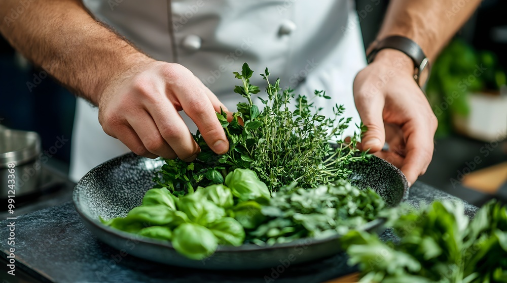 Chef s Hands Preparing Flavorful Herbs and Greens for Cooking Chef s Hands Preparing Flavorful Herbs and Greens for Cooking