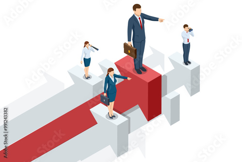 Isometric Creative Business people, managers, and employees discuss strategies for achieving goals and success on the arrows. Teamwork, analytics, business, career development or promotion