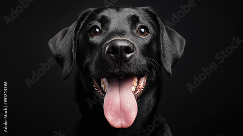 Black labrador retriever panting and smiling on black background