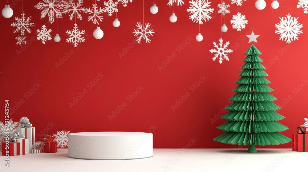 3D render of a Christmas tree on a white podium with snowflakes and paper-cut clouds, isolated on a red background. 3D render of a Christmas tree on a white podium with snowflakes and paper-cut clouds, isolated on a red background.