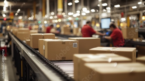 A busy postal facility with dozens of cardboard boxes moving along a conveyor belt. Workers in uniform are sorting the packages by size and destination, with barcode scanners in hand. The scene is ind