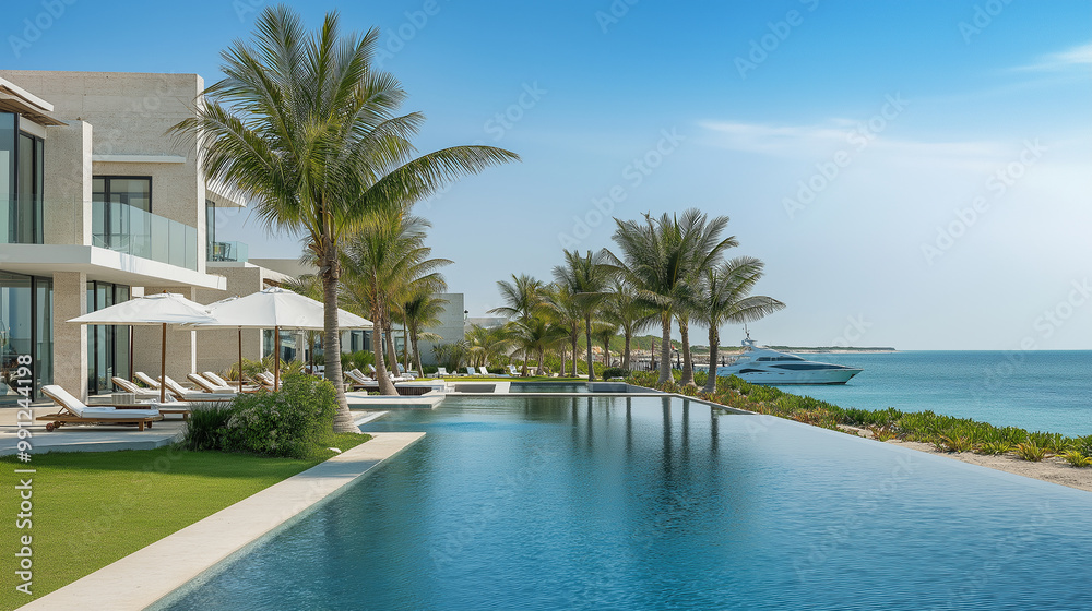 Fototapeta premium Infinity pool overlooking ocean with yacht and palm trees