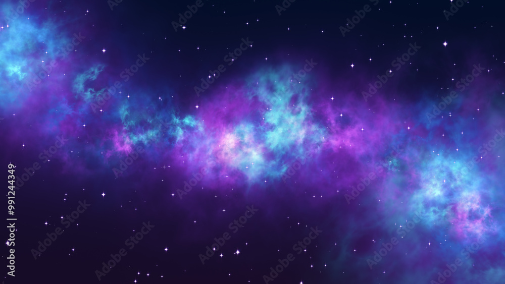 Fototapeta premium space nebula blue and purple clouds, shiny glowing stars, starry night sky wallpaper