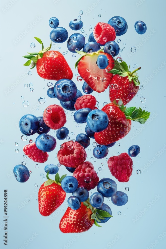Fresh blueberry and strawberry with water splash in air Fresh blueberry and strawberry with water splash in air
