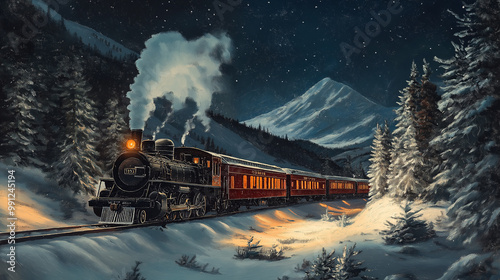 Steam train traveling through snowy mountains at night