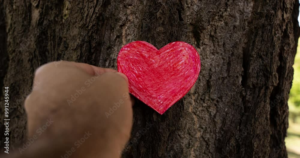 Stop-motion of a hand holding a red paper heart, moving through a park and circling around a tree. A visual representation of love for nature. Stop-motion of a hand holding a red paper heart, moving through a park and circling around a tree. A visual representation of love for nature.