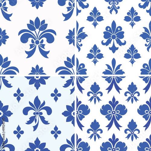 Adobe Illustrator ArtworkSame style, four different seamless patterns. , Vector floral damask seamless pattern.  Blue bow and flowers isolated on white background for fabric , wallpaper or wrapping pa