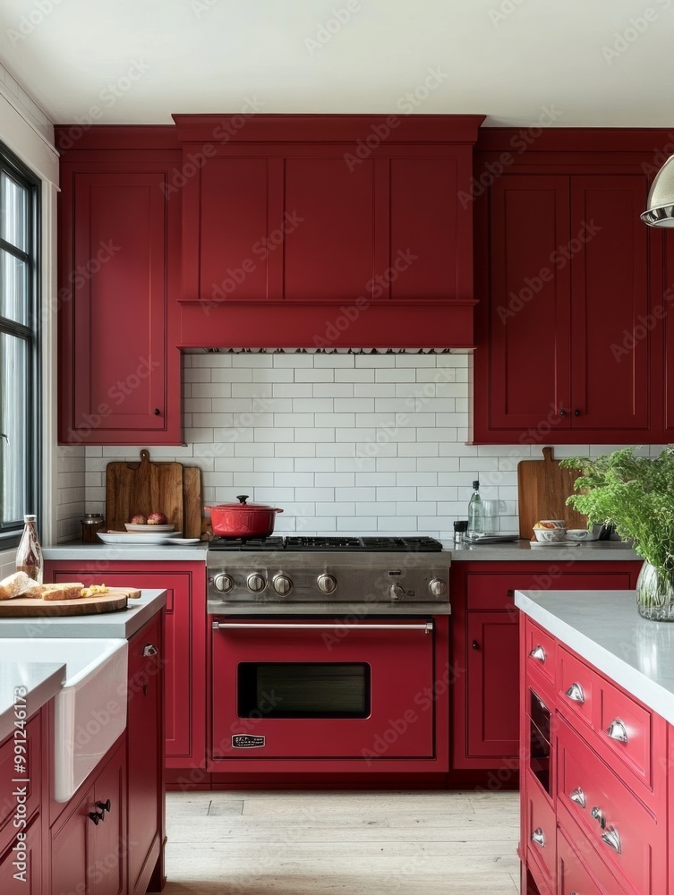 A kitchen with brick red cabinets, light grey countertops, and a white backsplash, creating a warm and cheerful look