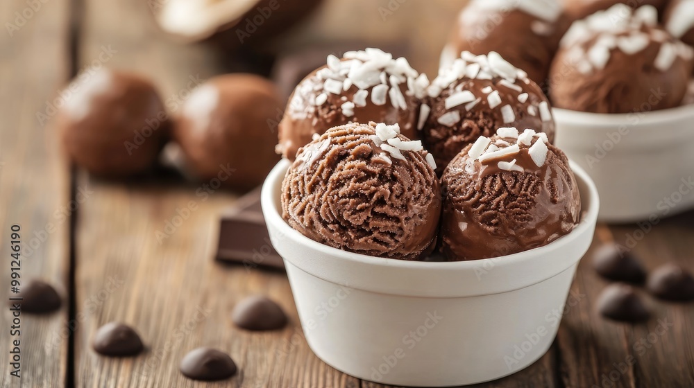 Chocolate ice cream scoops in bowl. This photo is perfect for food blogs, articles, and advertisements showcasing delicious desserts. Chocolate ice cream scoops in bowl. This photo is perfect for food blogs, articles, and advertisements showcasing delicious desserts.
