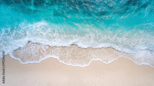 Turquoise ocean water creating white foam on sandy beach shore