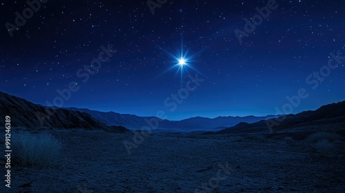 The Star of Bethlehem lighting up the night sky, guiding travelers through a vast desert.